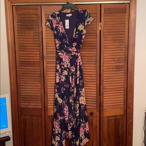 Navy floral Wrap and cross maxi dress